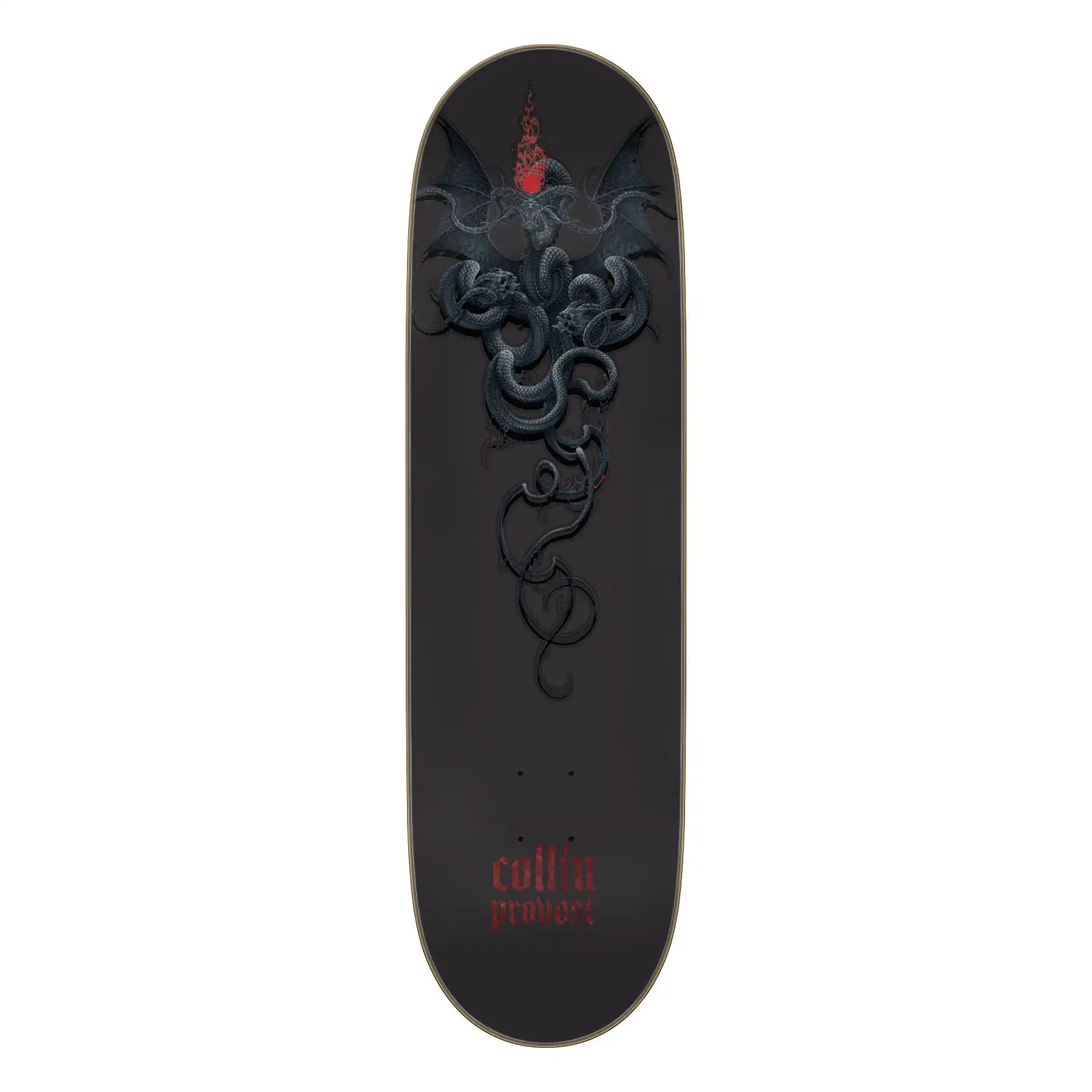 Black skateboard deck with intricate design and 'cultiv' branding on a white background