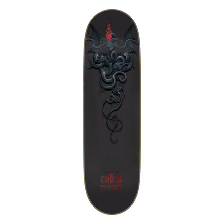 Black skateboard deck with intricate design and 'cultiv' branding on a white background