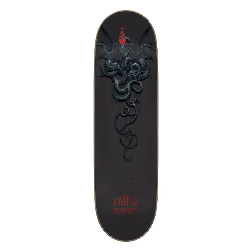 Black skateboard deck with intricate design and 'cultiv' branding on a white background