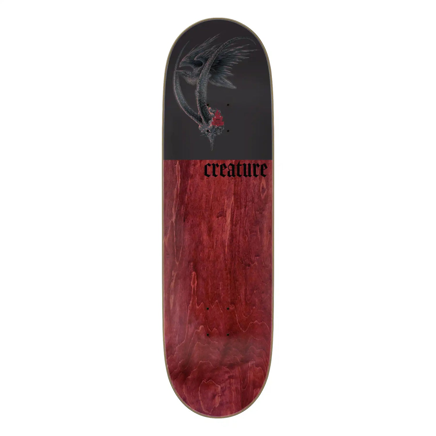 Skateboard deck with red bottom and black top featuring 'creature' logo on a white background