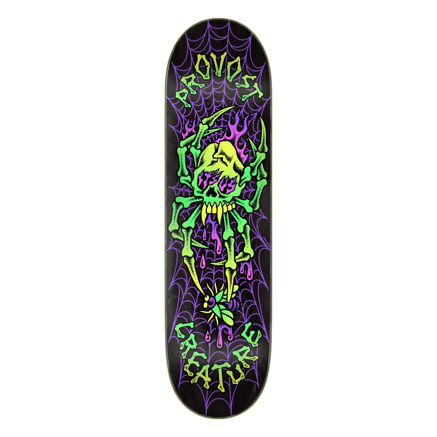 Skateboard deck with a colorful skeleton design and 'Provoat' branding on a black background.