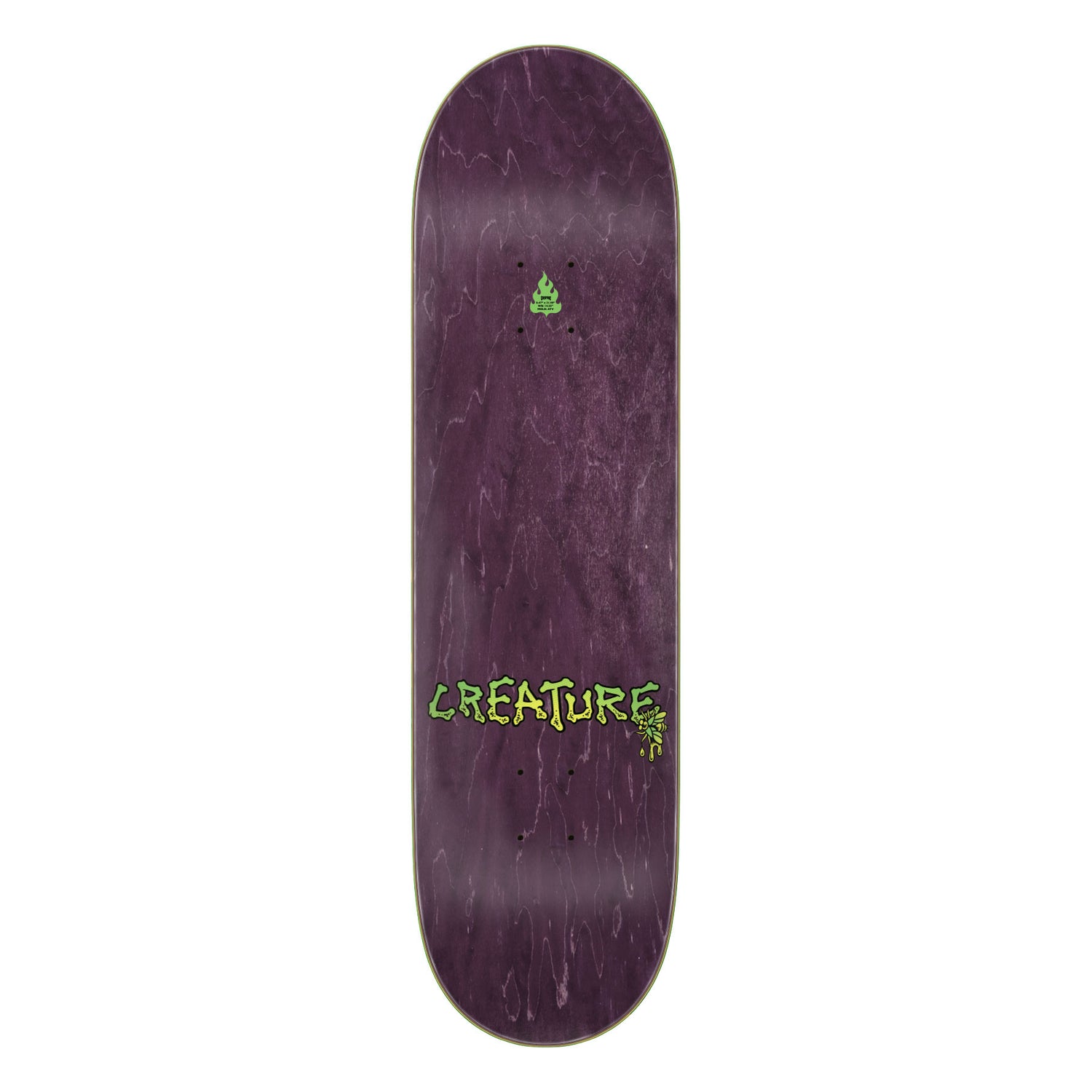 Purple skateboard deck with green text and logo on a white background
