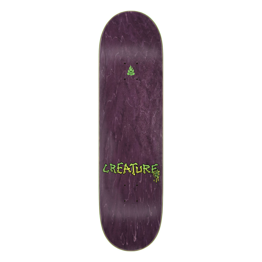 Purple skateboard deck with green text and logo on a white background