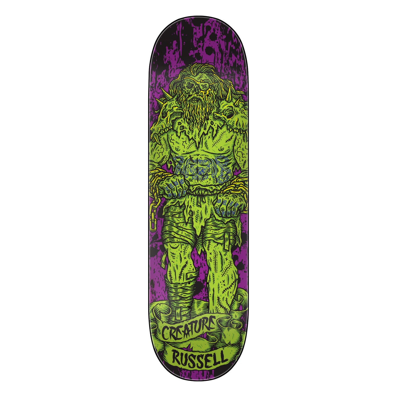 Skateboard deck with a green creature design and 'Creature Russell' text on a purple background