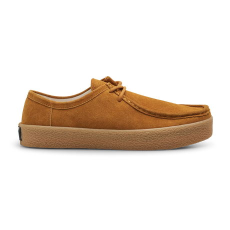 Brown suede shoe with a white sole on a white background