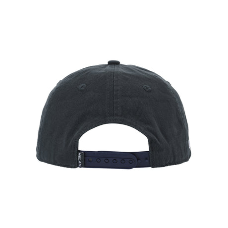 Black cap with a brand logo on the back against a white background