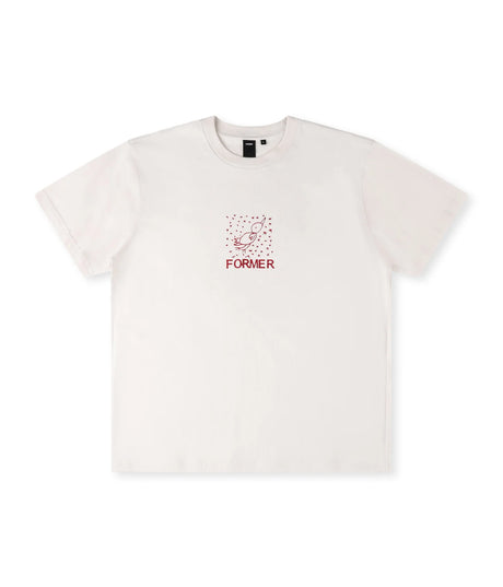 White t-shirt with red graphic design and text on a white background
