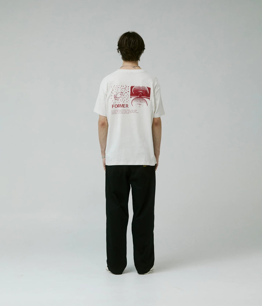 Person wearing a white t-shirt with a graphic design on the back, standing against a plain background