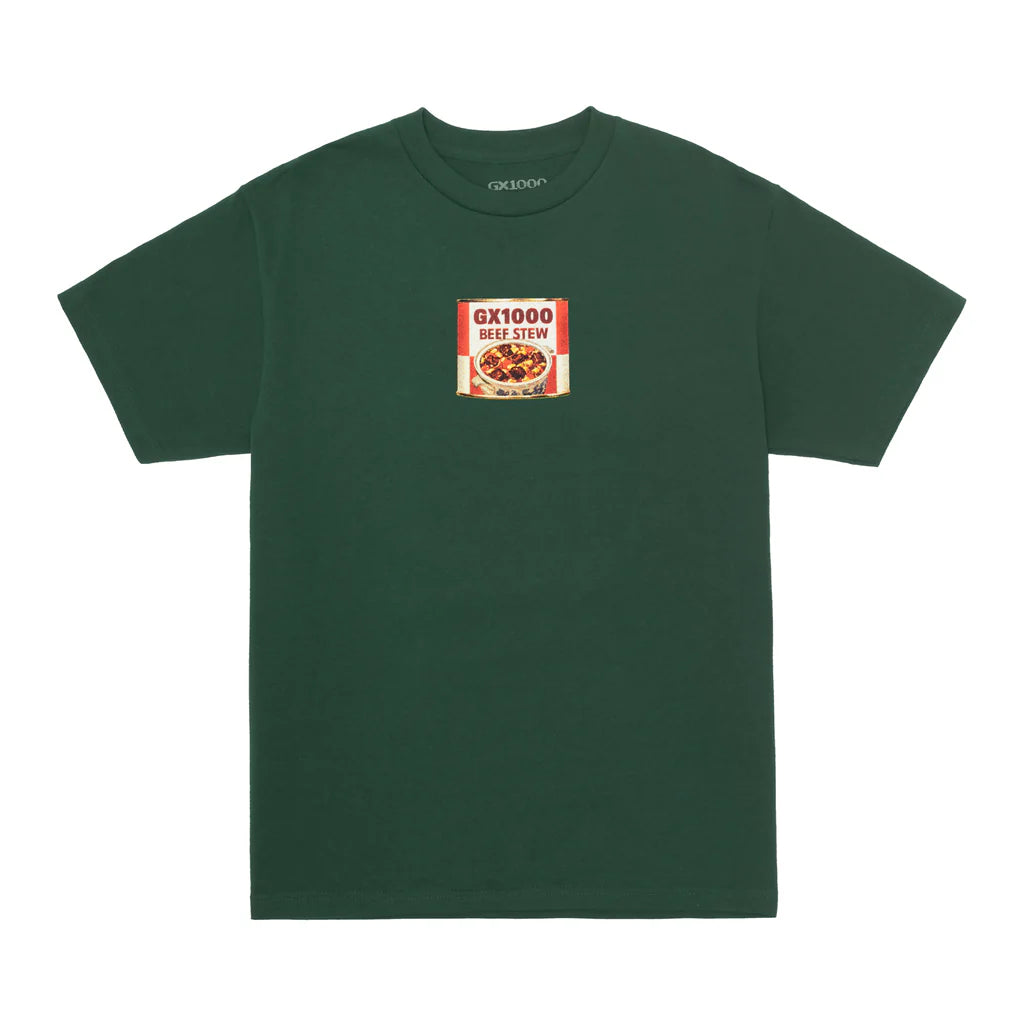 Green t-shirt with a small red and yellow label graphic on a white background
