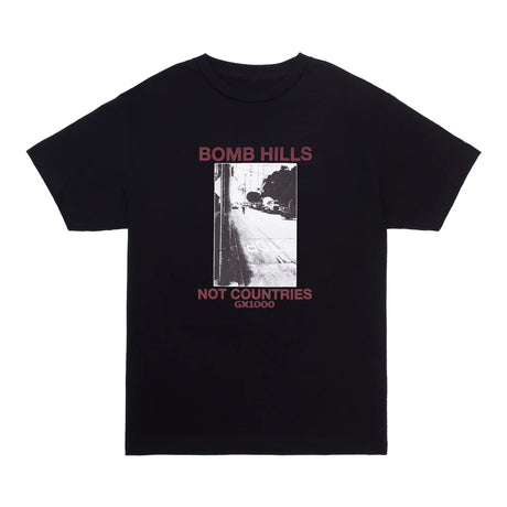 Black t-shirt with graphic design and text on a white background