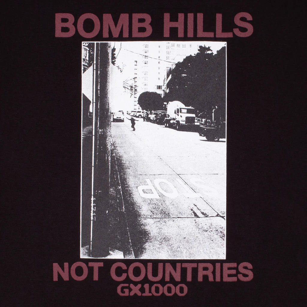 Album cover with black and white street scene and text 'Bomb Hills' and 'Not Countries GX1000' on a dark background.