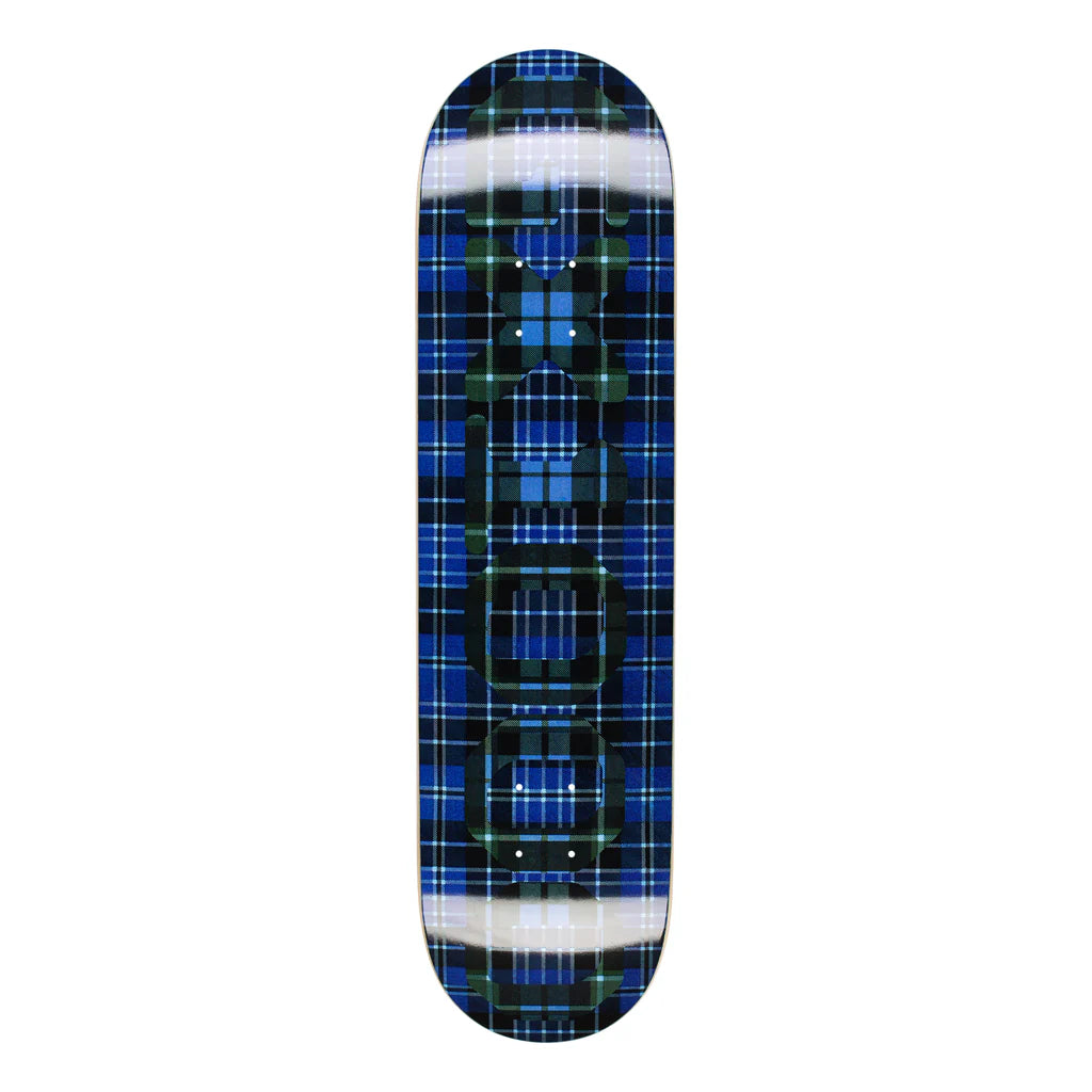 Skateboard deck with blue and green plaid pattern on a white background
