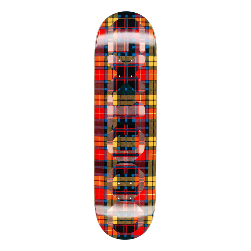 Skateboard deck with a plaid pattern on a white background
