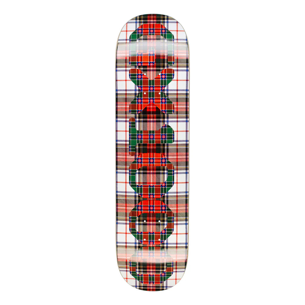 Skateboard deck with a plaid pattern on a white background