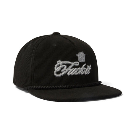 Black cap with white text and logo on a white background