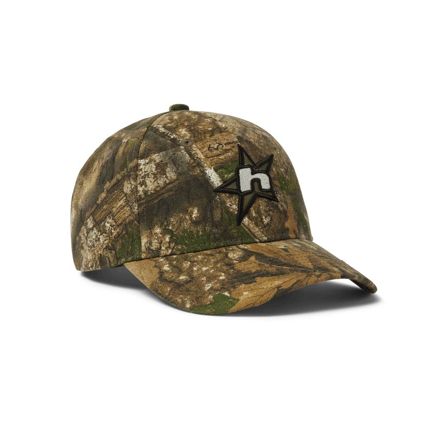 Camouflage baseball cap with a logo on a white background