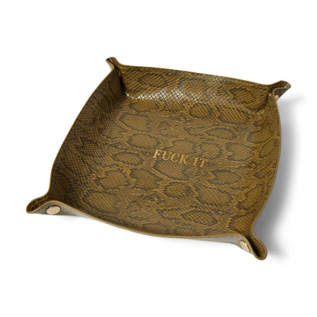 Brown textured tray with 'FUCK IT' text on a white background