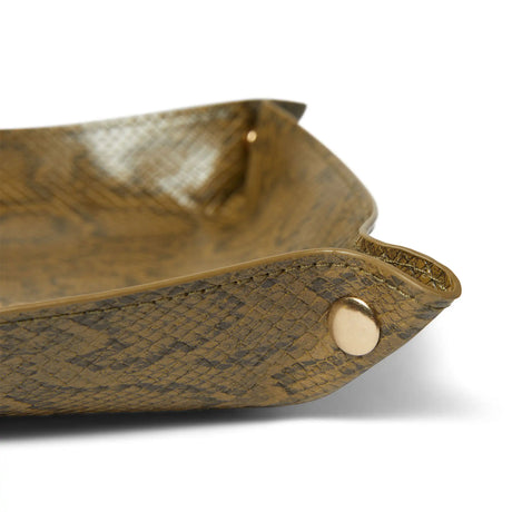 Brown leather tray with gold accent on a white background