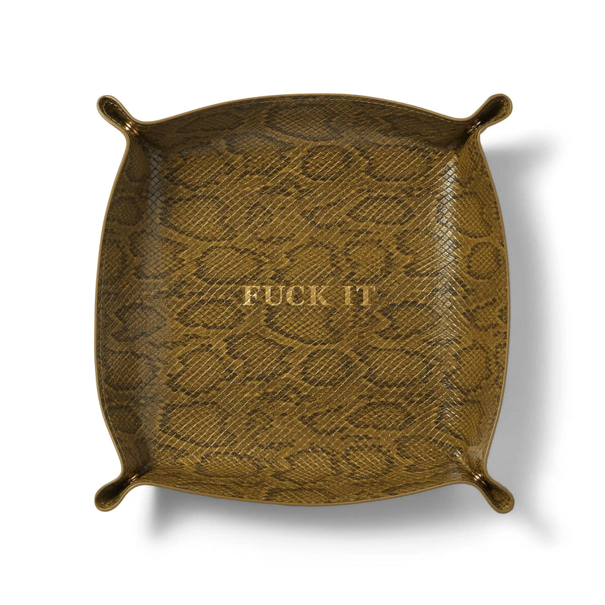 faux leather tray with 'FUCK IT' engraving on a white background