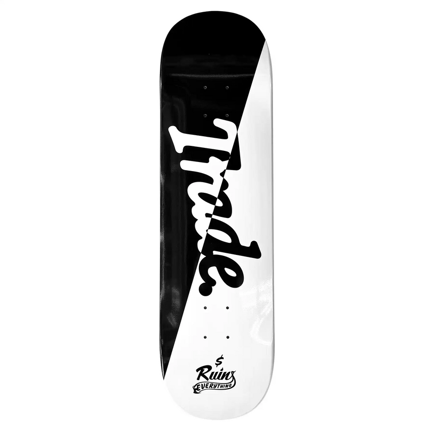 Skateboard deck with 'Trade' and 'Rains' branding on a white background
