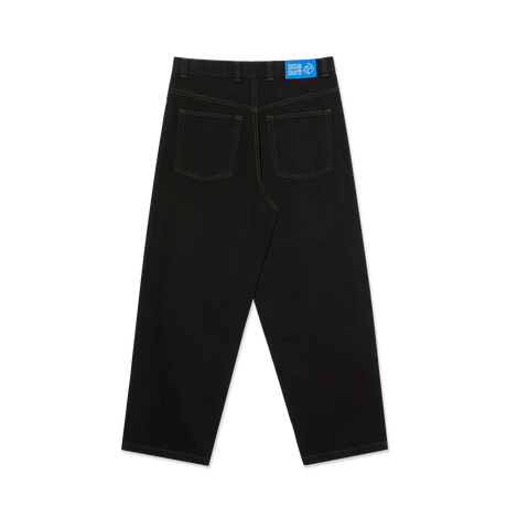 Black pants with a blue label on a white background