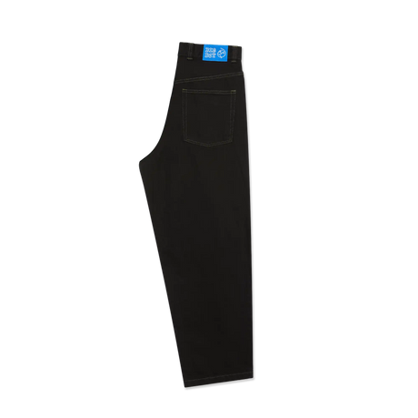 Black jeans with a brand label on a white background