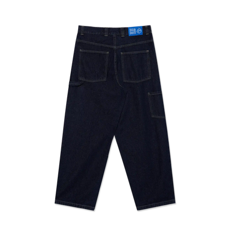 Dark blue jeans with a brand label on a white background