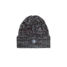 Knitted beanie with a logo on a white background