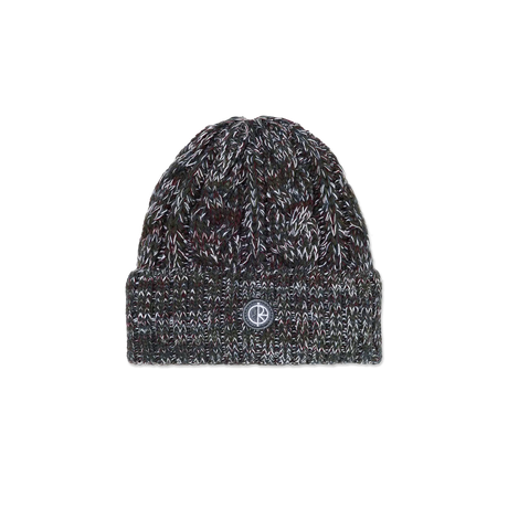 Knitted beanie with a logo on a white background