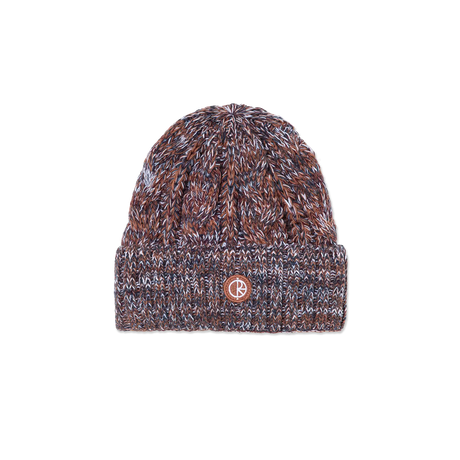 Knitted beanie with a brand logo on a white background