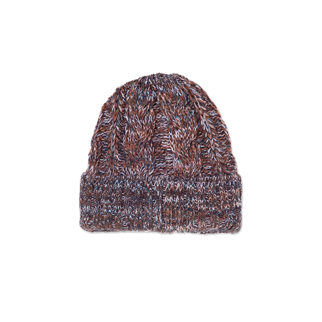Knitted beanie hat with a cable pattern on a white background