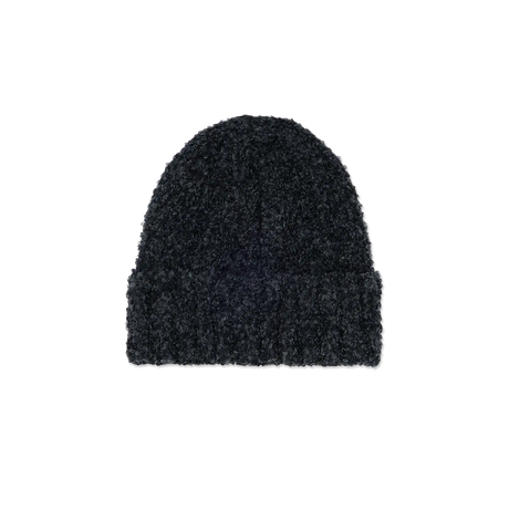 Black knit beanie on a white background