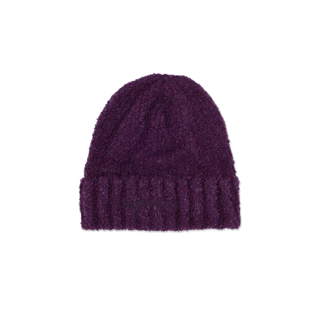 Purple knit beanie on a white background