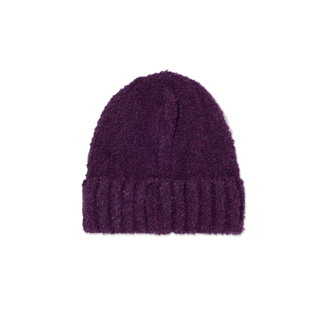 Purple knit beanie on a white background