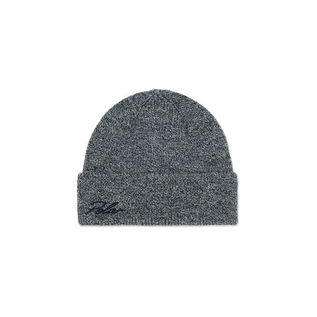 Gray beanie with a logo on a white background