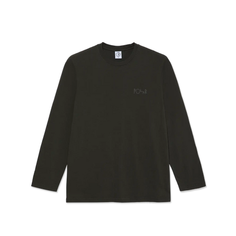 Black long-sleeve shirt with a small logo on a white background