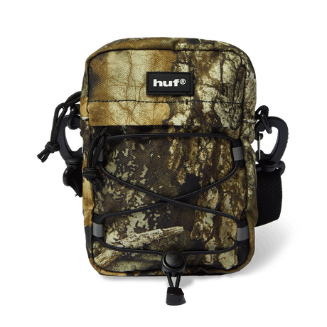 Camouflage bag with 'huf' logo on a white background
