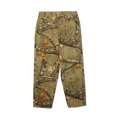 Camouflage pants with tree branch pattern on a white background