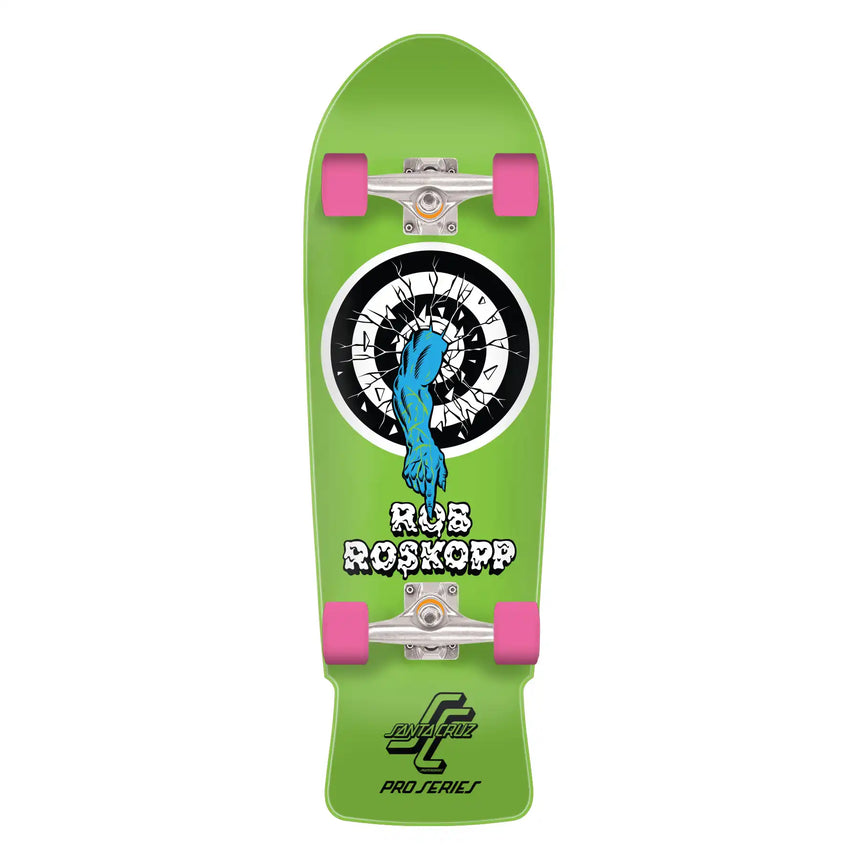 Green skateboard with Rub Roskopp branding on a white background