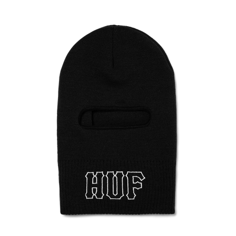 Black balaclava with 'HUF' logo on a white background