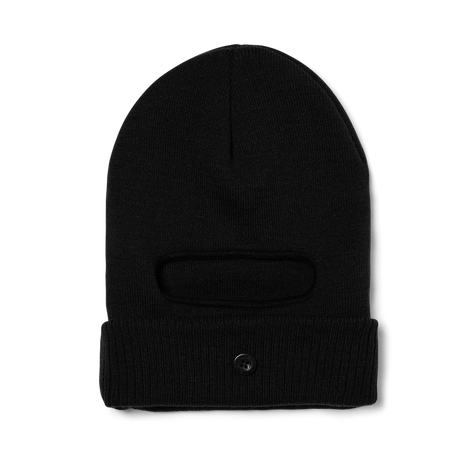 Black knit beanie with a face mask on a white background