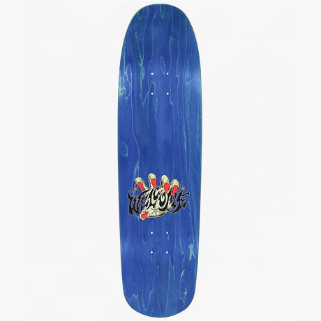 Blue skateboard deck with a logo on a white background