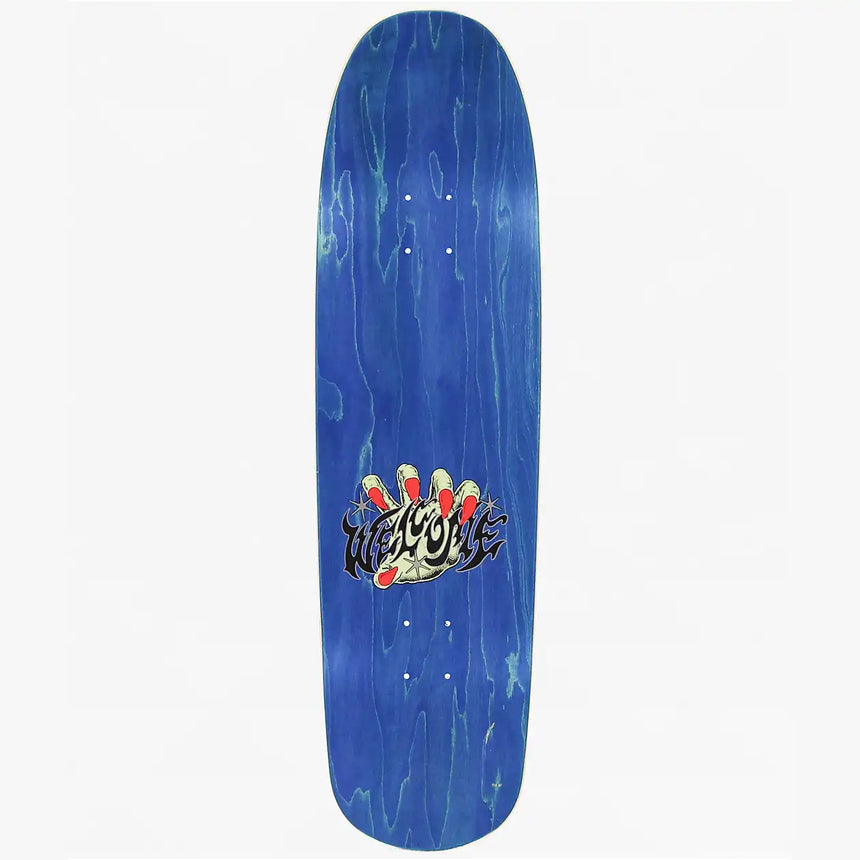 Blue skateboard deck with a logo on a white background