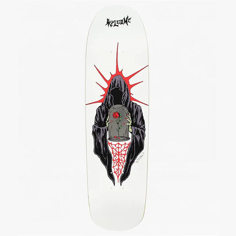 Skateboard deck with a hooded figure and red accents on a white background