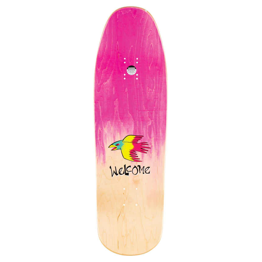 Skateboard deck with pink and yellow gradient and 'Welcome' logo on a white background