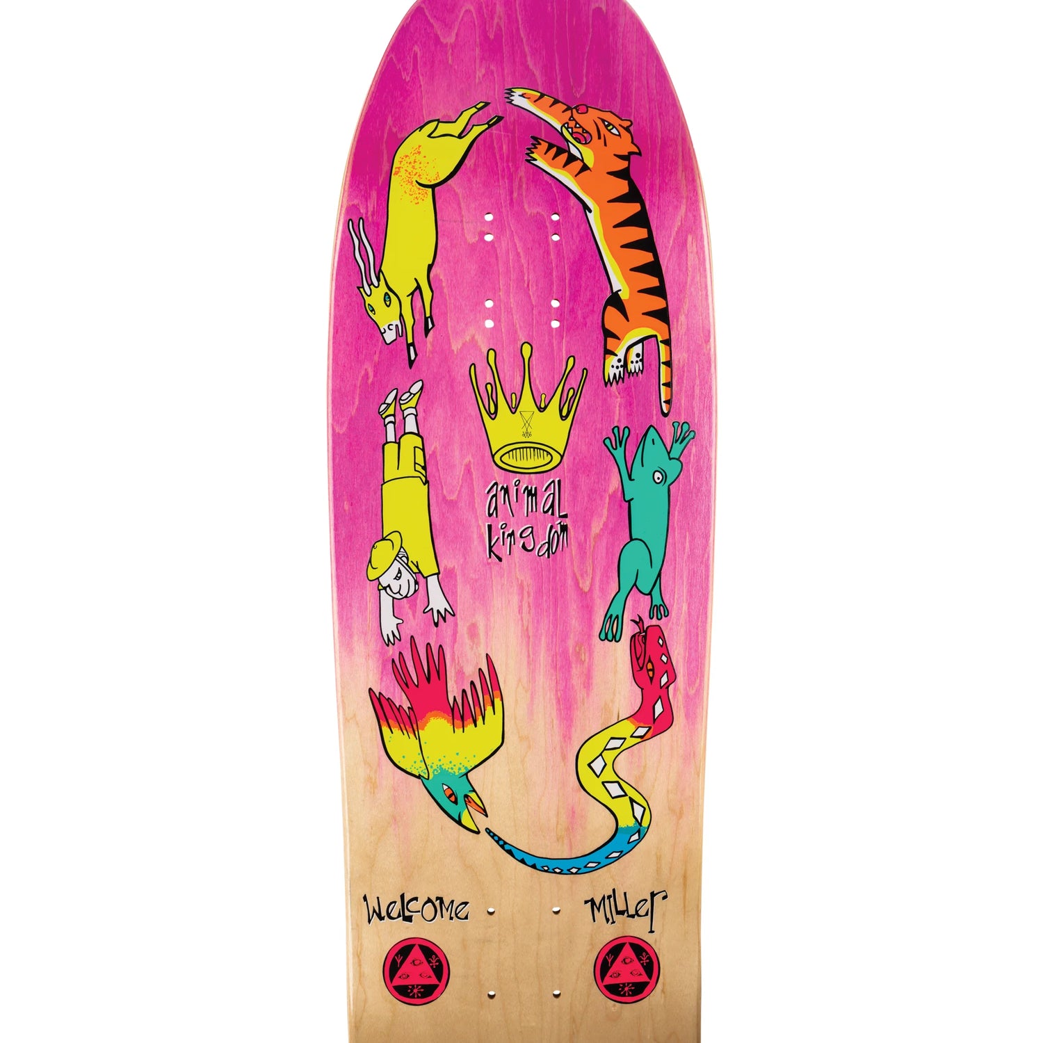 Colorful skateboard deck with animal illustrations on a pink and brown gradient background
