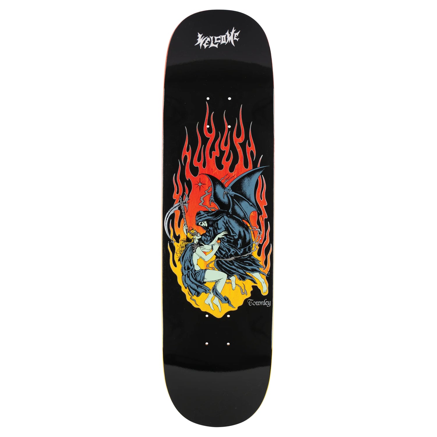 Skateboard deck with a dragon and flames design on a black background