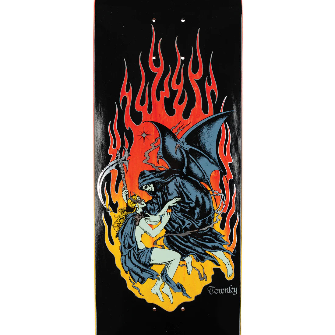 Skateboard deck with a design of a woman being attacked by a bat with flames on a black background