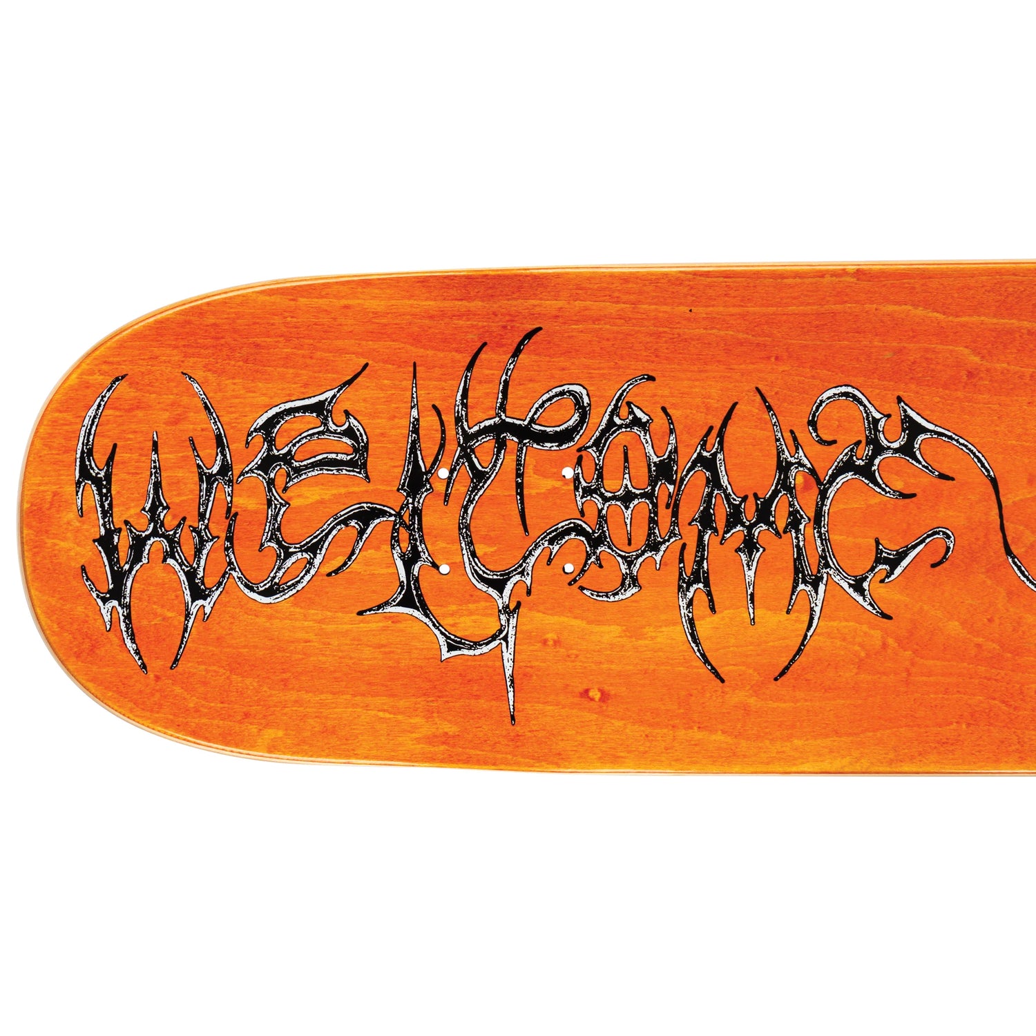 Orange skateboard deck with black tribal design on a white background