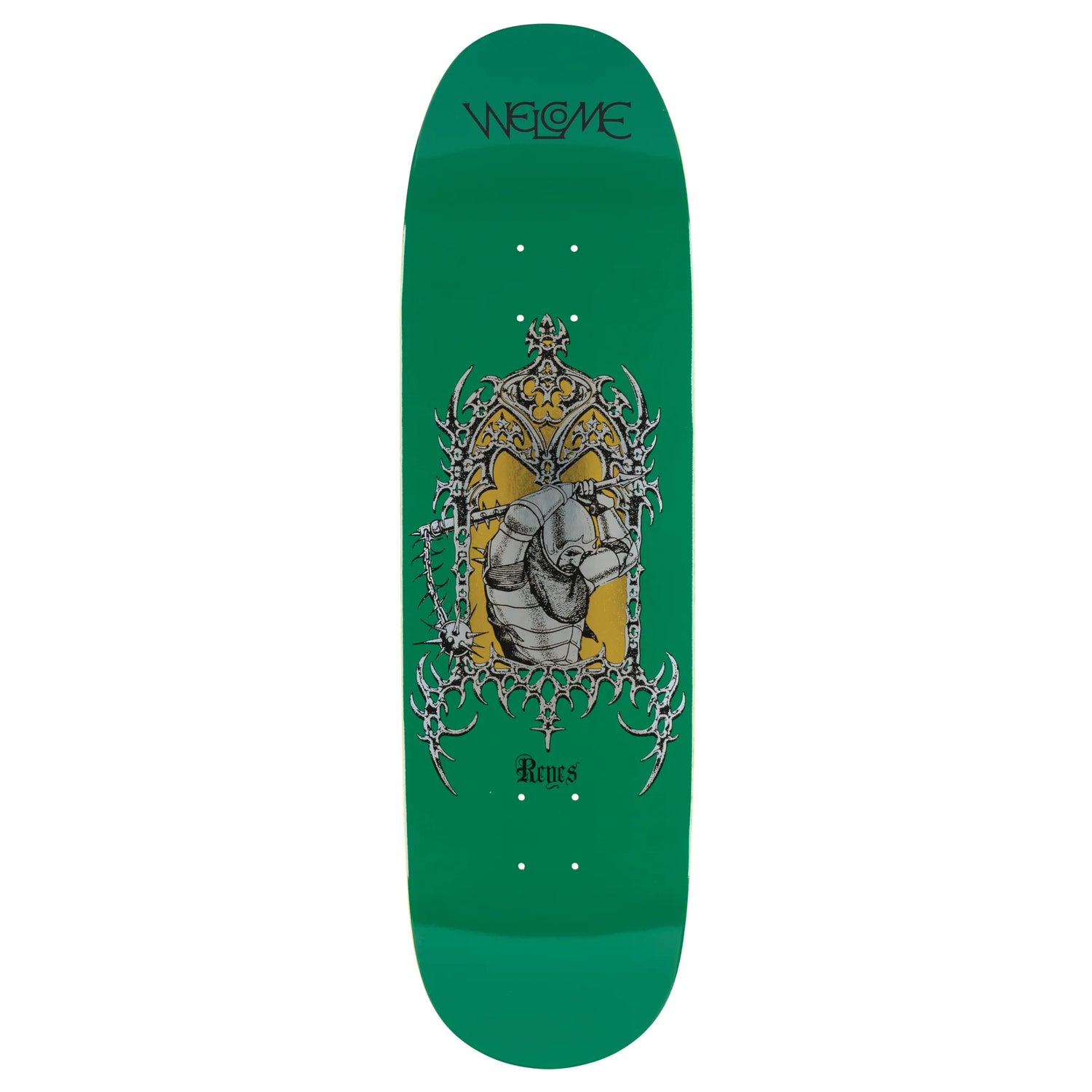 Green skateboard deck with a central graphic design on a white background